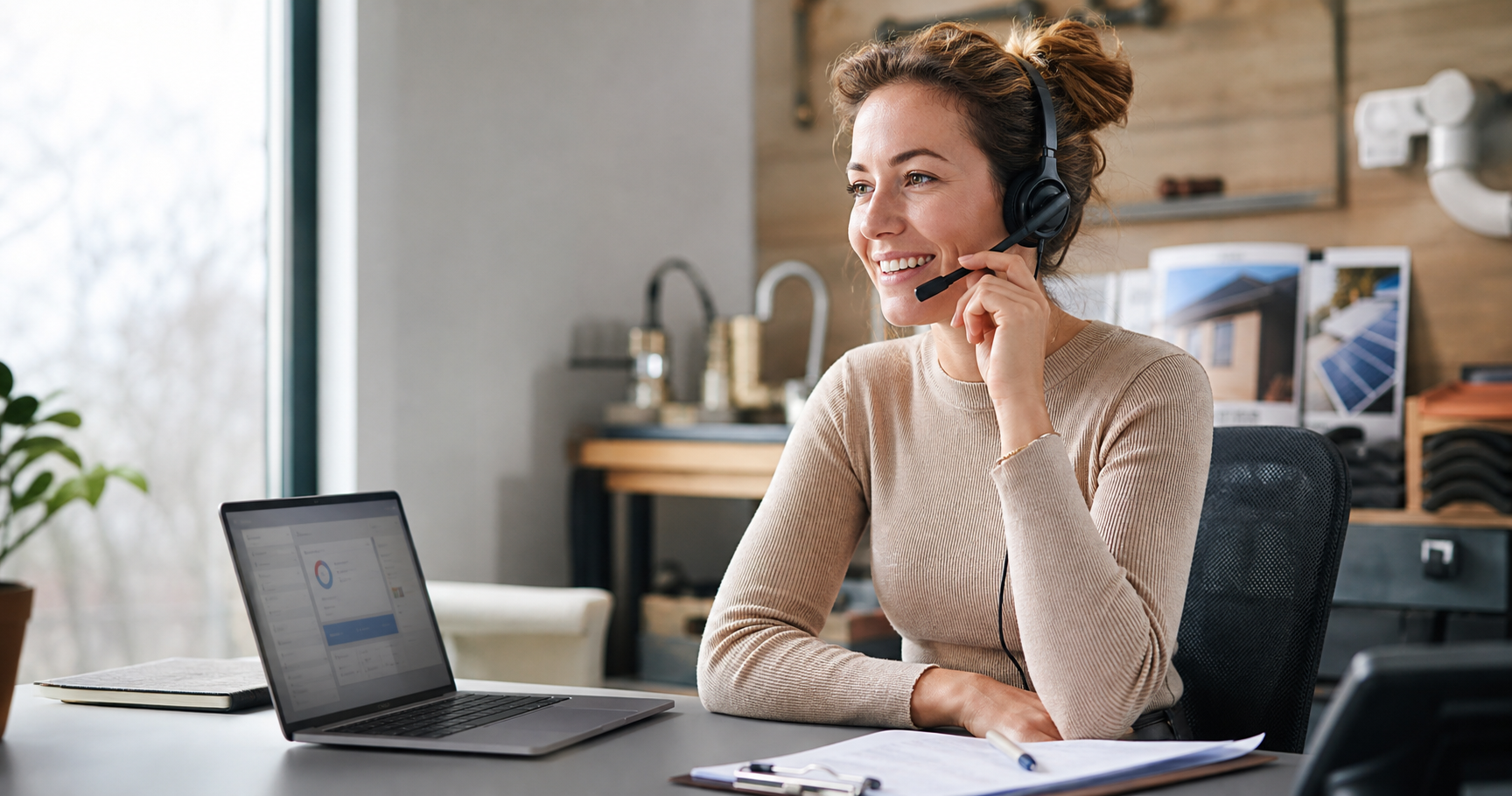 AI-receptionist Claudia beantwoordt telefoontjes voor MKB-vakbedrijven terwijl monteurs op locatie werken